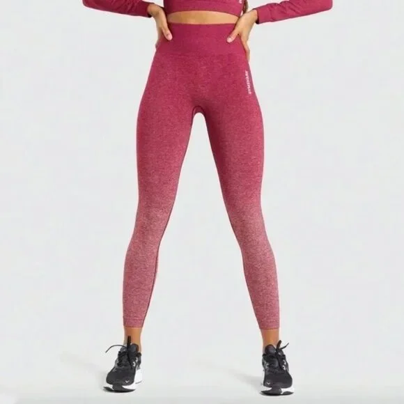 Gymshark Set Adapt Ombre Seamless Leggings & Long Sleeve Crop Top Burgundy Mediu - Picture 2 of 16